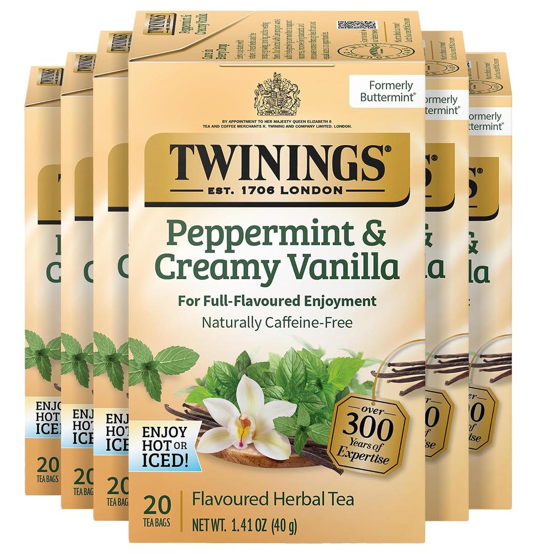 Twinings Peppermint & Creamy Vanilla Herbal Tea Individually Wrapped Bags, 20 Count (Pack of 6), Formerly Buttermint, Naturally Caffeine-Free, Enjoy Hot or Iced, 120 Teabags, BBD: 04/OCT/2027