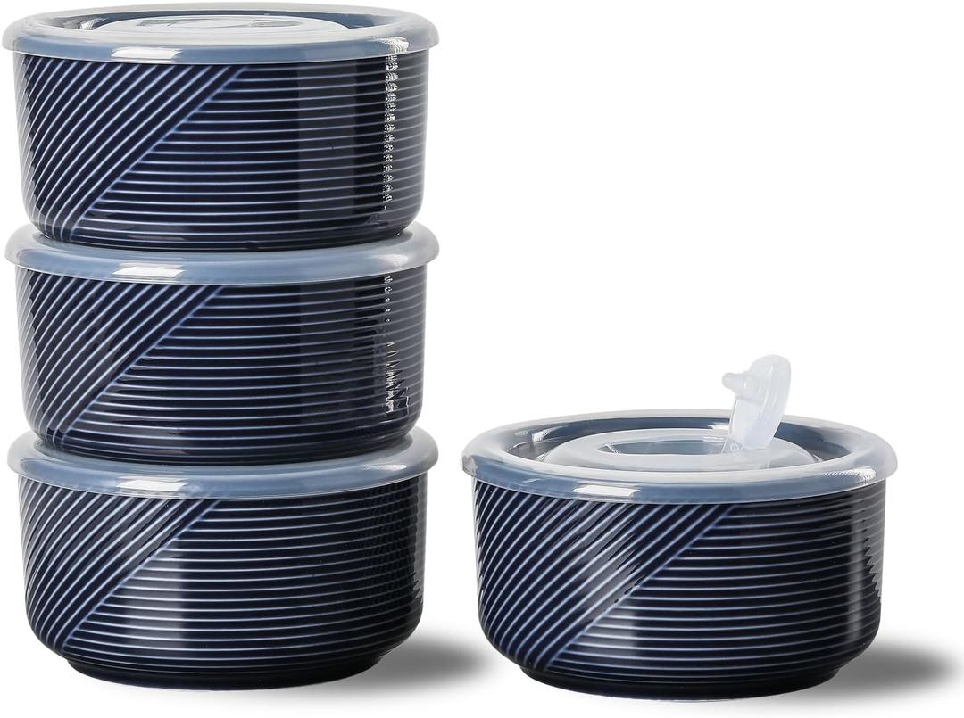 Ceramic Bowls with Lids: 20 oz Microwave Safe Food Storage Containers for Soup, Salad, Cereal, Leftovers, Meal Prep, Lunch, Picnic, Camping, Serving - Airtight, Navy, Set of 4 (Navy-4pcs)