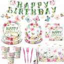 Flower Birthday Decorations, 170Pcs Butterfly Floral Birthday Decorations Tableware Floral Paper Plates Napkins Cups Banner Tablecloth for Spring Garden Butterfly Party Supplies, Serves 24