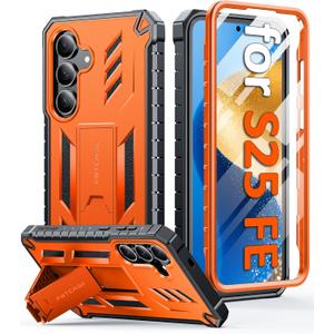 FNTCASE for Samsung Galaxy S25-FE Case: with [Built-in Screen Protector & Kickstand] [Military-Grade Drop Protection] Heavy Duty Protective Full Body Shockproof Rugged Sturdy TPU Phone Cover Orange