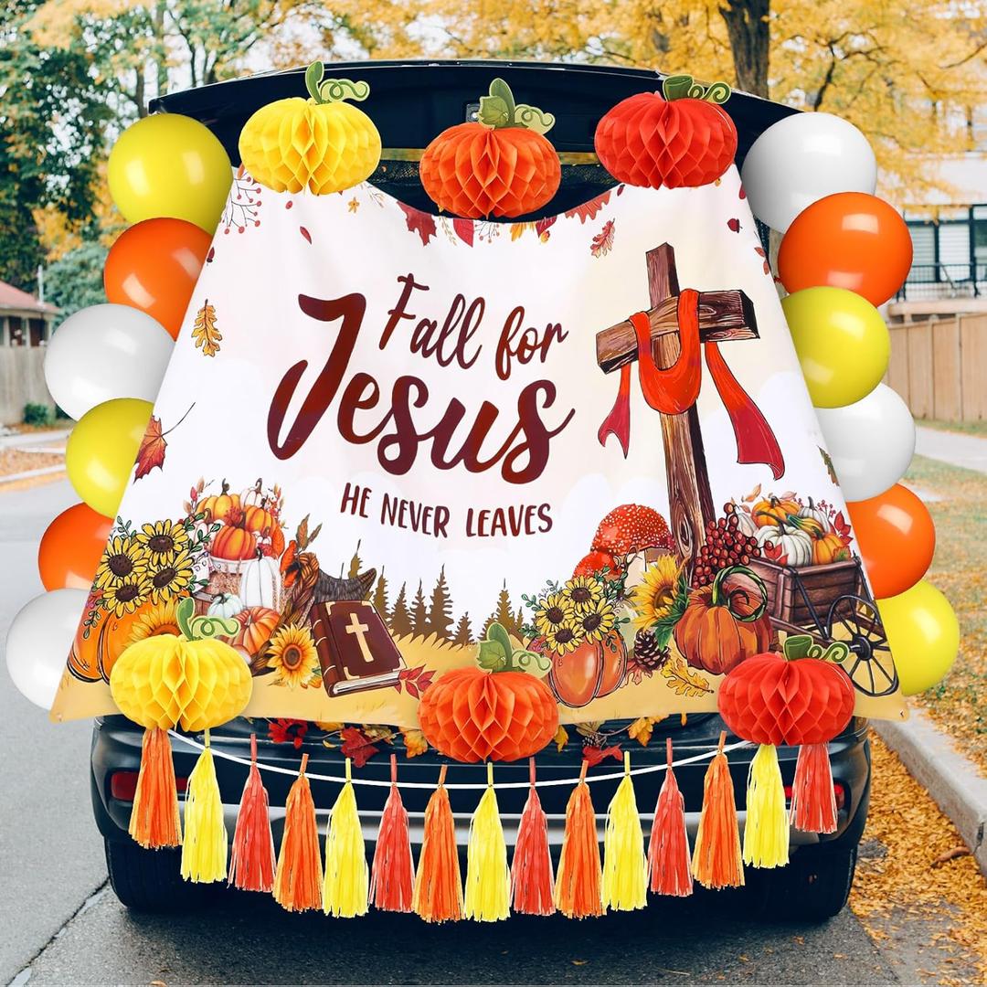 98 Pcs Thanksgiving Trunk or Treat Car Decorations Kit Fall for Jesus Backdrop Autumn Pumpkin Honeycomb Paper Tassels for Suv Car Archway Garage Thanksgiving Party Decorations(Cross)