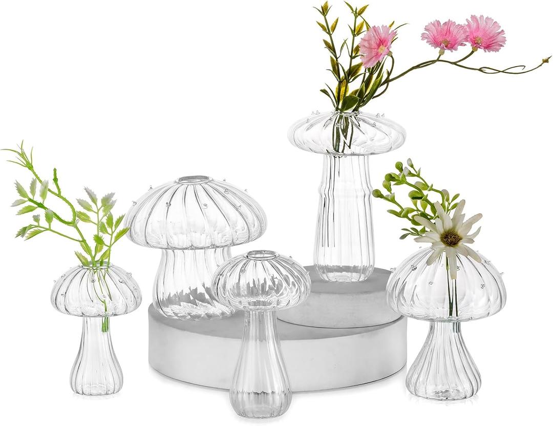 Hewory Glass Mushroom Vase for Flowers, 5pcs Clear Small Bud Flower Vases Unique, Mushroom Propagation Hydroponic Vases, Funky Cottagecore Decor for Home Room Kitchen Office Windowsill Decorations