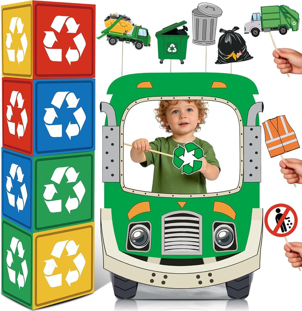 Trash Truck Birthday Decorations, Garbage Truck Photo Booth Props Set, Garbage Truck Cardstock Standee with Recycling Box Decorations for Birthday Party or Baby Shower Decor