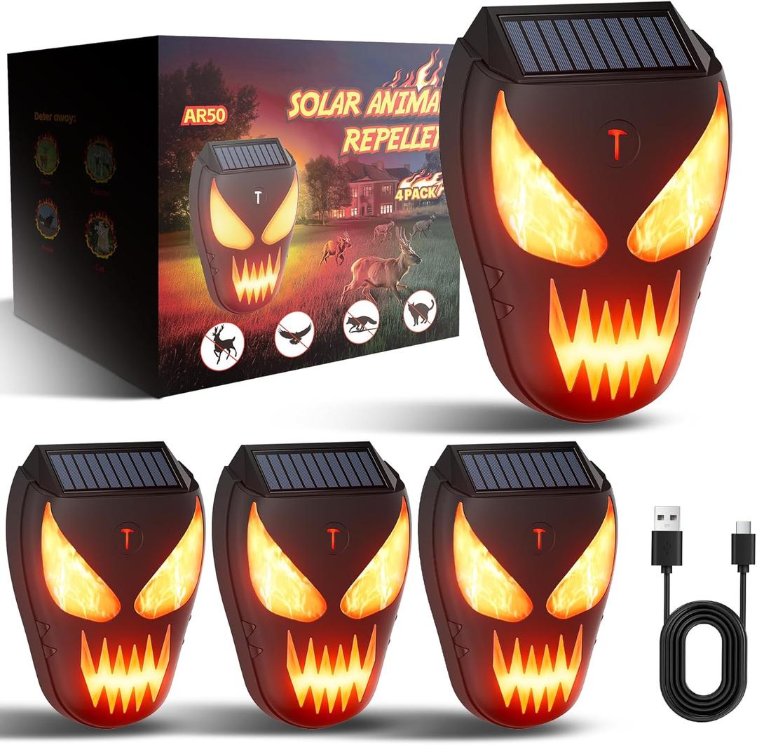 4 Pack Solar Powered Coyote Deterrent with Amber Dynamic Flashing Lights, Effective Coyote, Raccoon, Skunk, Deer & Hawk Deterrent, Waterproof Predator Light for Yards, Gardens & Chicken Coop