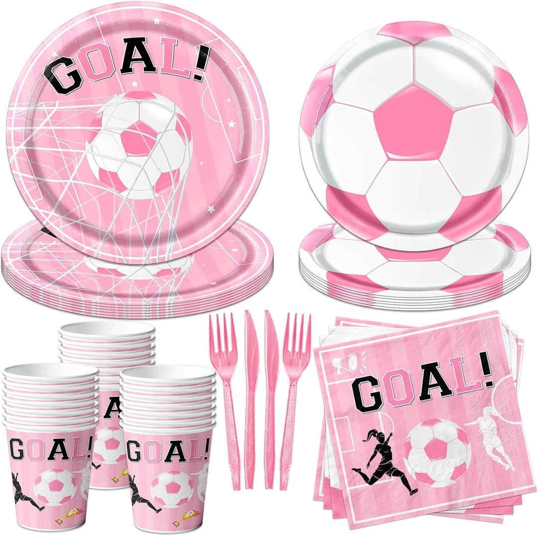 Soccer Party Decorations,120Pcs Pink Soccer Plates and Napkins Soccer Birthday Party Decorations Tableware Set for Girls Soccer Sports Theme Birthday Decorations