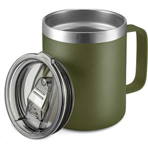 ALOUFEA 12oz Stainless Steel Insulated Coffee Mug with Handle, Double Wall Vacuum Travel Mug, Tumbler Cup with Sliding Lid, Army Green