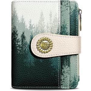 Kelvoris Forest Tree Small Rfid Women Wallet Bifold Zipper Coin Pocket PU Leather Compact Cash Credit Card Holder Travel Wallet for Female Ladies Teen Girls 1 ID Window 10 Card Slots