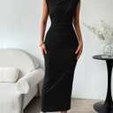 BTFBM Women Ruched Bodycon Maxi Dresses Summer Casual Sleeveless Lightweight Slit Elegant Cocktail Wedding Guest Dress (Black, M)