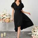 Womens Wedding Guest Midi Dress Flutter Sleeve V Neck Wrap High Low Bridesmaid Cocktail Formal Dresses for Women (Black)