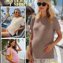 Ficerd 3 Pack Women's Maternity T Shirts, Short Sleeve Side Split Pregnancy Tops Casual Crew Neck Pregnant Tees Mama Clothes (Light Pink, Coffee, Cream, Medium)