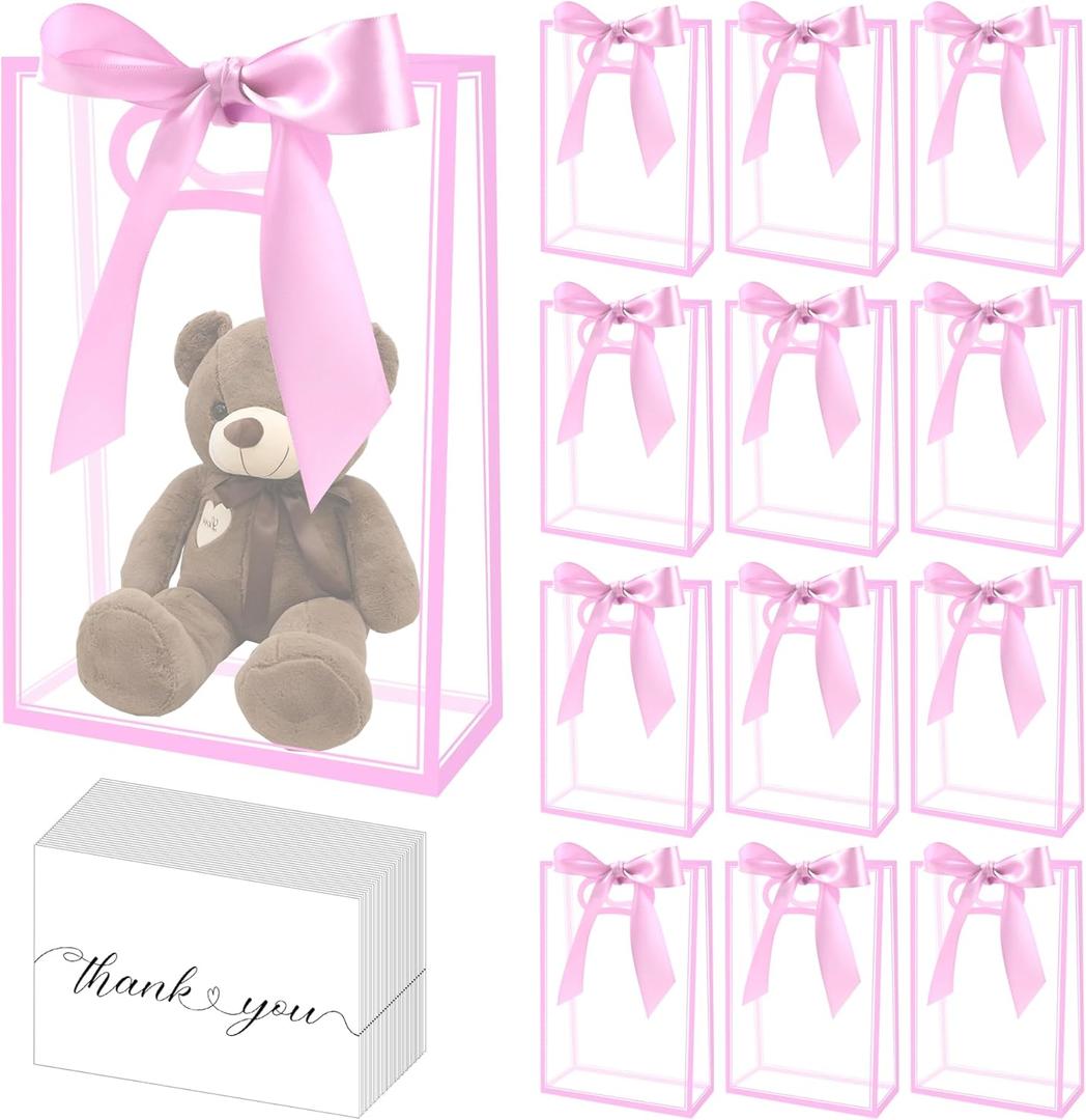 GAWBYET 24 Pcs Clear Plastic Gift Bag with Die Cut Handles Reusable PP Favor Bag with Ribbon and cards for Valentine Wedding Bridal Birthday Baby Shower Party, 7x10x3.15 Inch(Pink)