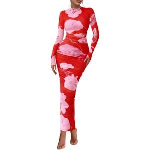 PRETTYGARDEN Women's Long Sleeve Maxi Dress 2026 Spring Ruched Bodycon Floral Mesh Formal Wedding Guest Cocktail Party Dresses (Brick Red Flower, L)