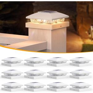 APONUO Solar Post Cap Lights for 4x4 5x5 Posts - IP64 Waterproof, 3000K LED, No-Wire Fence Lights & Deck Lights for Patio Garden Yard Patio, White-Warm White, 12 Pack