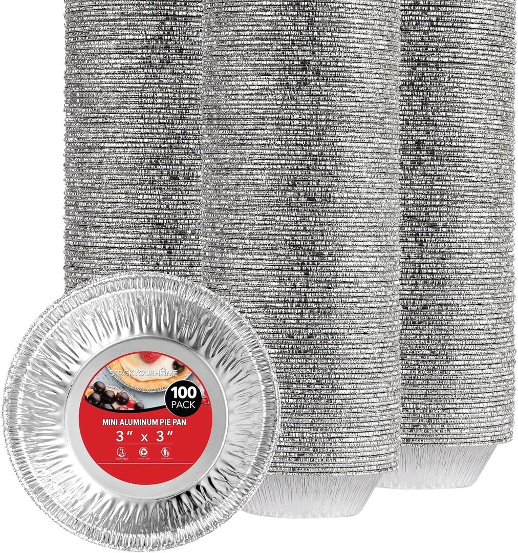 Stock Your Home 100 Count Aluminum Mini Pie Pans - 3 Inch Disposable Recyclable Foil Pie Tins for Bakeries, Cafes, Restaurants