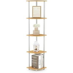 Furinno TURN-N-TUBE Corner Shelf, 5-Tier Corner Bookshelf, Open Storage Shelves, for Organization and Storage, Living Room, Home Office, Garage, Bedroom, Beech