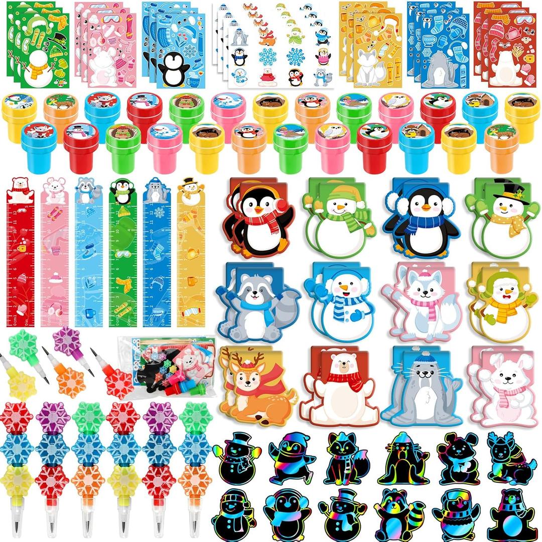 BenLouis Winter School Stationery Party Favors Snowflake Holiday Themed Classroom Gift Prizes Bulk for Students Kids Christmas Frozen Birthday Goodie Bag Stuffers Pinata Filler (12 Set Animals)