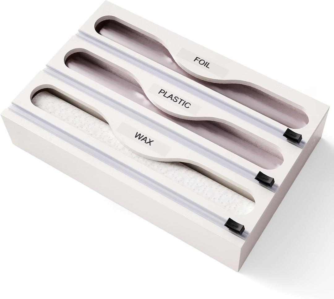 Danfoxer Wrap Dispenser with Cutter and Labels, Plastic Wrap Organizer For Kitchen, Bamboo 3-in-1 Wrap Dispensers for Cling Wrap Aluminum Foil and Wax, Storage Organization Holder（White）