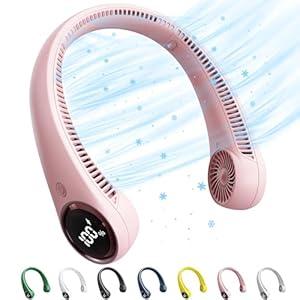 SAMISKO Portable Bladeless Neck Fan with LED Display, 5000 mAh Battery Operated Wearable Personal Fan, Leafless, USB Rechargeable, Headphone Design, USB Powered Desk Fan with 3 Speeds(Pink)