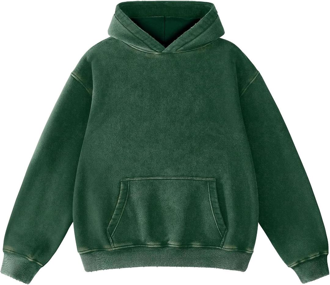 FAIABLE Womens Oversized Acid Wash Hoodie Unisex Heavyweight Cotton Hoodies Fleece Vintage Washed Sweatshirt Women Men (Small, Dark Green)