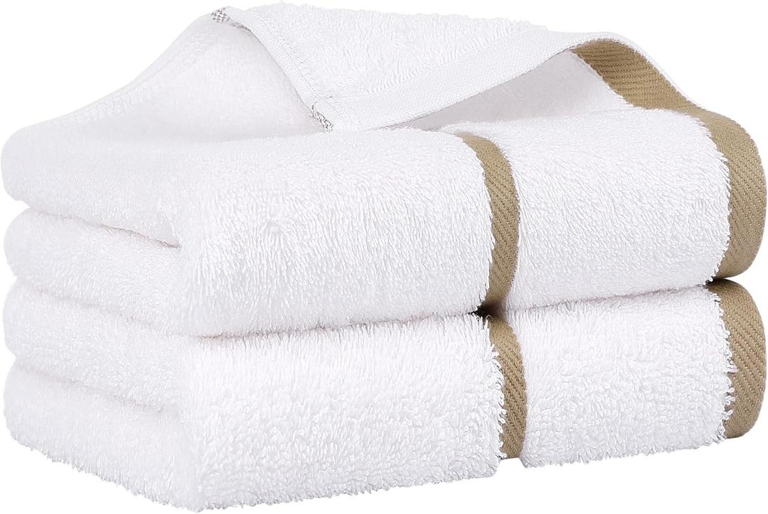 PiccoCasa Set of 2, 750 GSM Luxury White Hand Towels - Oversized 16x30 Inch Cotton Ring Spun Face Towels Highly Absorbent Home Hotel Spa Quality Towel, Champagne Strip