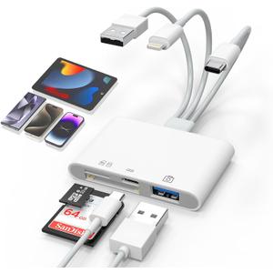 Universal SD Card Reader for iPhone/Mac - Upgraded TypeC(Data)+Lightning+USB Three Port SD/TF Memory Card Reader Digital Camera Transfer to Phone Adapter, Multi Port 4 in 1 Universal SD Card Reader