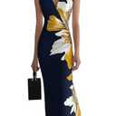 HVT Women's Dress Wedding Guest Party Dresses Floral Print Halter Neck Maxi Dress Sleeveless Bodycon Long Dresses (L)