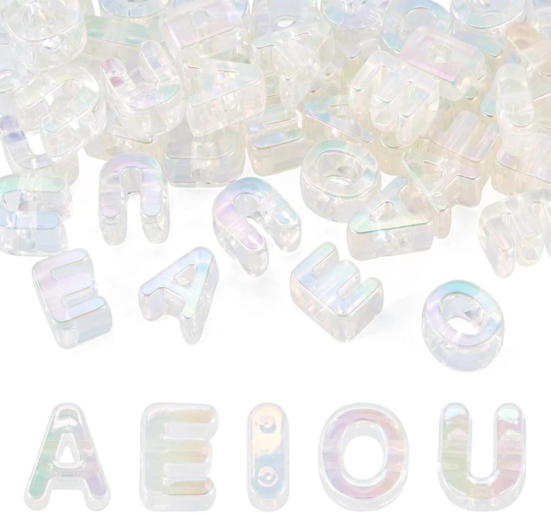 Elecrelive 50Pcs Clear Bubble Letters Iridescent Large Alphabet Beads Vowel A/E/I/O/U Letter Keychain Charms Light Yellow for Jewelry Bracelets Necklaces Arts Crafts