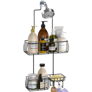 Anti-Swing Hanging Shower Caddy, Over Head Shower Caddy, Stainless Steel 304 Rustproof Shower Organizer with hooks for Towels, Sponge and more, Trending Black