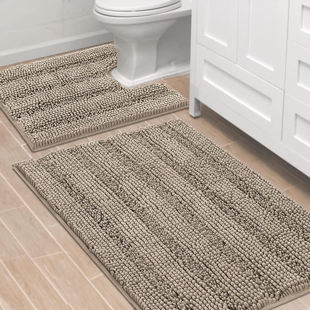 H.VERSAILTEX Bathroom Rugs Bath Rug Set 2 Piece Bathroom Contour Rug Toilet Mat Sets Non Slip Contour Bath Rug Ultra Thick Water Absorbent Striped Bath Mats Washable(36" x 24" Plus 20" x 24" U, Taupe)