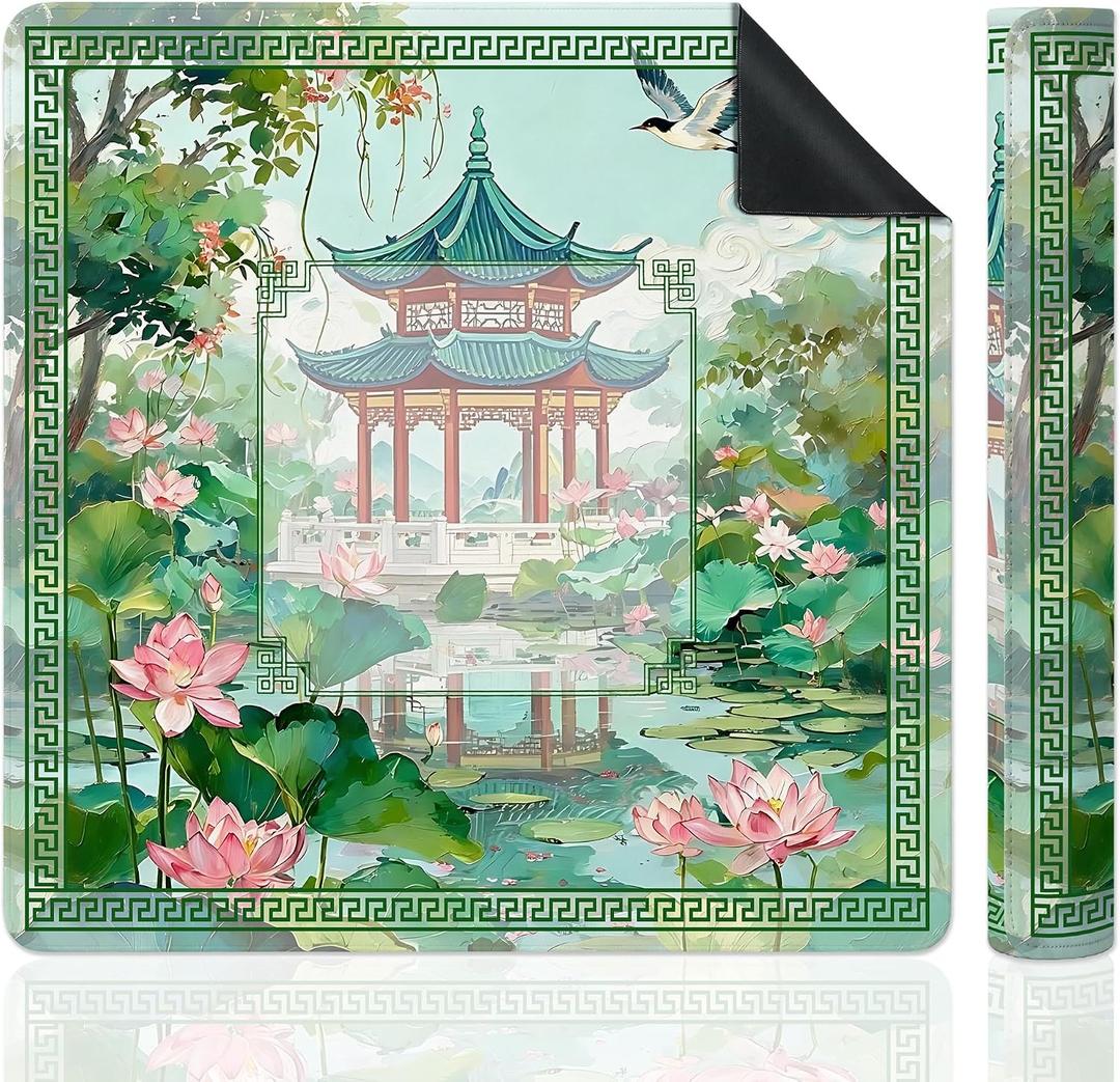 Chinoiserie Mahjong Mat for Table, Traditional Chinese Swallow Lotus Pond Pavilion Landscape 31.5" x 31.5" Non-Slip & Noise Reduction Mahjong Mat for Poker Dominoes Cards & Board Games