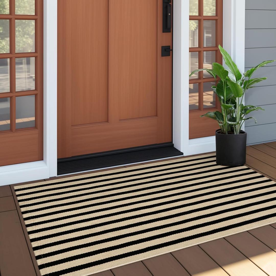 OJIA Outdoor Porch Rug Front Door Mat 24"x51", Washable Black and Tan Striped Outdoor Rugs Front Door Rugs Cotton Woven Kitchen Rugs Small Area Rugs for Entryway/Patio/Entry/Outside Entrance Decor