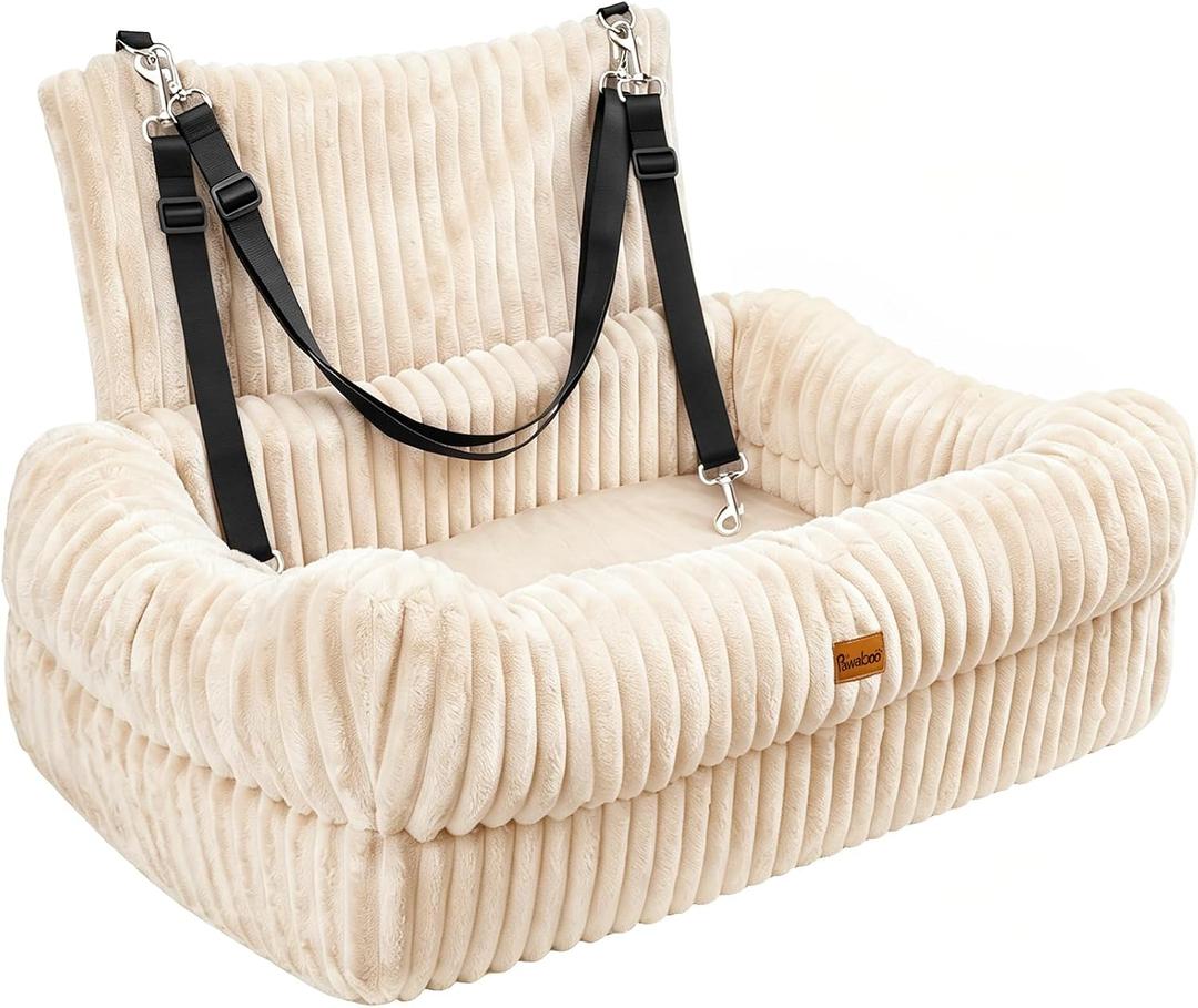 Pawaboo Dog Car Seat, Dog Booster Car Seats with Memory Foam, Thickened Cushion & Washable Removable Cover, Pet Travel Carseat Bed with Safety Leashes for Medium/Large Dogs or 2 Small Dogs, Beige