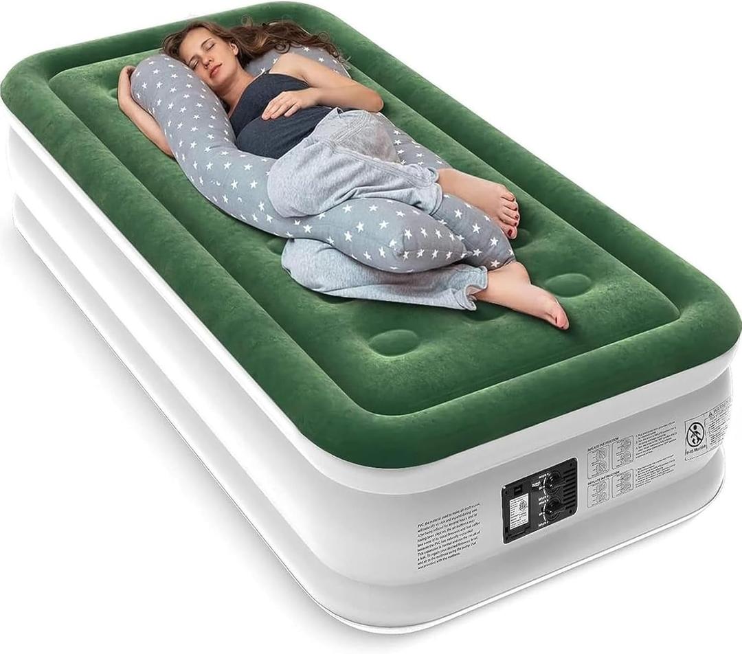 Air Mattress with Built in Pump - Upgraded Twin Blow Up Mattress, 2 Mins Quick Self Inflatable with Double Air Chamber,18"/550lbs Max, Strong Support, for Camping,Home,Guests,Portable Travel (Green)