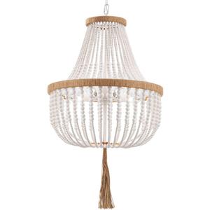 4 Lights Wood Beaded Farmhouse Chandelier with Tassels Bohemia Antique Rustic Pendant Light for Bedroom Kitchen Island Dining Living Room Foyer, White, Dia 17 Inch