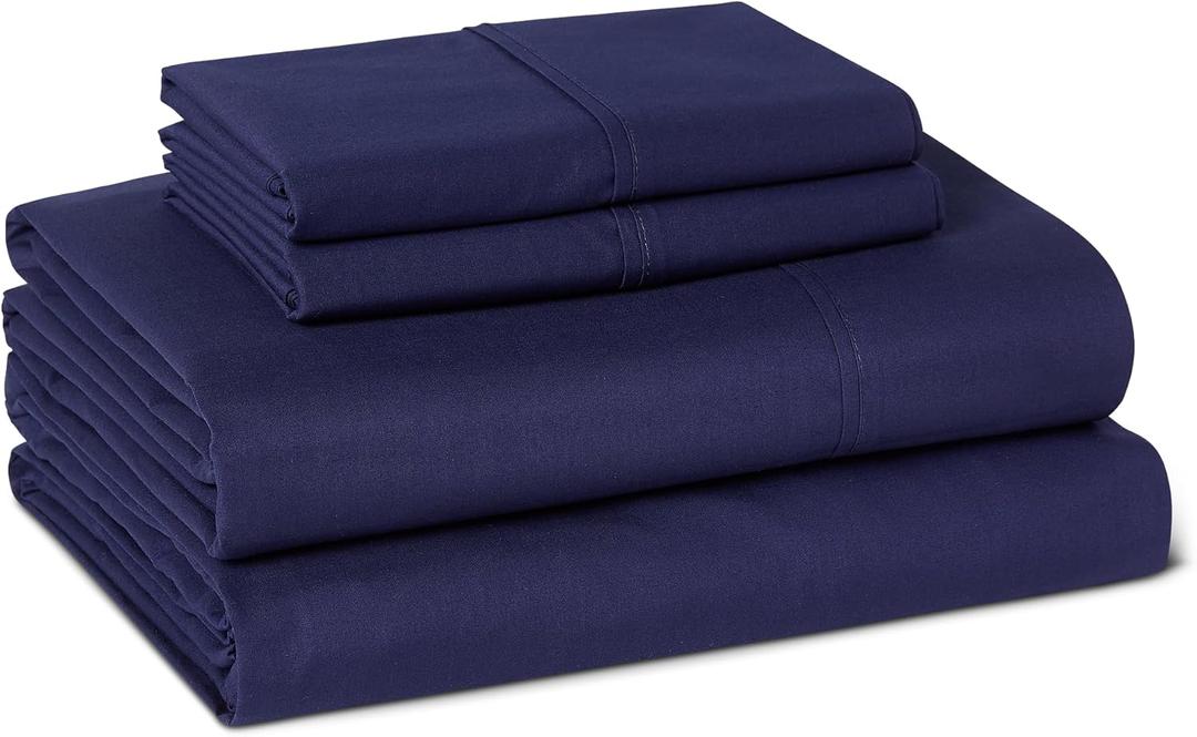 Amazon Basics Soft Organic Cotton Sheet Set with 2 Pillowcases, GOTS-Certified, Queen, Navy Blue