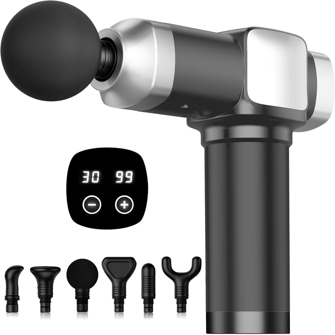 Massage Gun for Deep Tissue Pain Relief, Electric Handheld Percussion Muscle Massager for Back, Neck and Shoulders, 30 Speeds 6 Heads, Portable Massager Gift for Men Women and Athletes