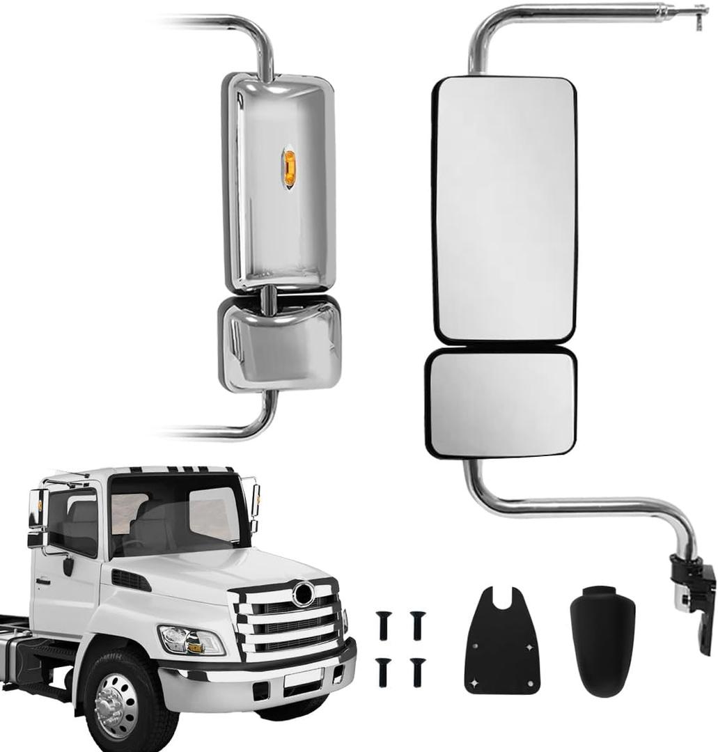 Black Door Mirror with Signal Light Power Heated Adjustable Mirrors fit for 2011+ Hino 238 258 268 338 Semi Trucks (Chrome, Left)
