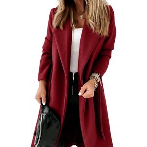Tankaneo Womens Notched Lapel Collar Coats Open Front Long Jackets Overcoat with Belt (Small, Wine Red)