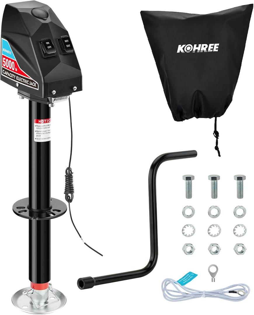 Kohree Electric Trailer Jack 5000lbs, Heavy Duty A-Frame Electric Power Tongue Jack with Waterproof Cover & LED Light for Travel Trailers, Camper, RV, 12V DC with Wiring, 9.8"-31.7" Lift