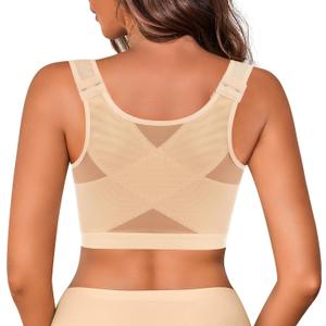 Front Closure Posture Corrector Wireless Bra Back Support Comfy Unlined Bras Full Coverage Bra with Nipple Covers (X-Large, Nude)