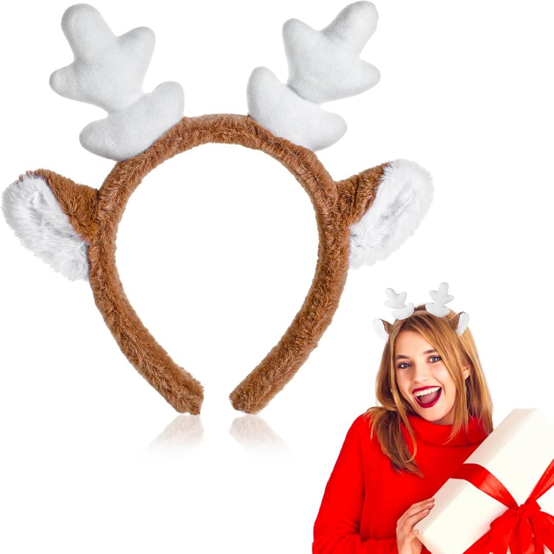 WLLHYF Reindeer Antlers Headband, Animal Ears Antler Headband Cute Deer Ear Hairband for Halloween Christmas Festival (White)