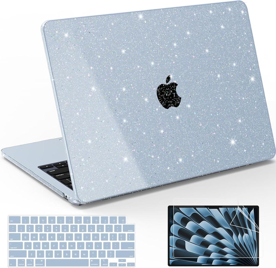 B BELK Compatible with MacBook Air 15 inch Case Glitter 2026 2025-2022 M5 M4 M3 M2 Model A3448 A3241 A3114 A2941,Protective Hard Shell for Mac Air 15" + Keyboard Cover & Screen Film, Sparkly Air Blue