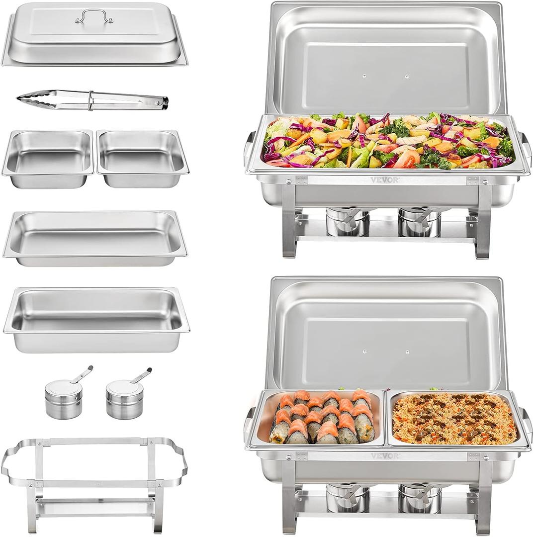 VEVOR Chafing Dish Buffet Set, 8 Qt 2 Pack, Stainless Steel Chafer with 2 Full Size Pans, Rectangle Catering Warmer Server with Glass Lid Water Pan Folding Stand Fuel Holder, for Wedding Party Banquet (Silver)