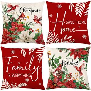 Merry Christmas Throw Pillow Covers Cardinal Berries Red Xmas Throw Pillow Covers Family is Everything Cushion Pillows Case Set of 4 (18 x 18) for Sofa Bed Home Decor