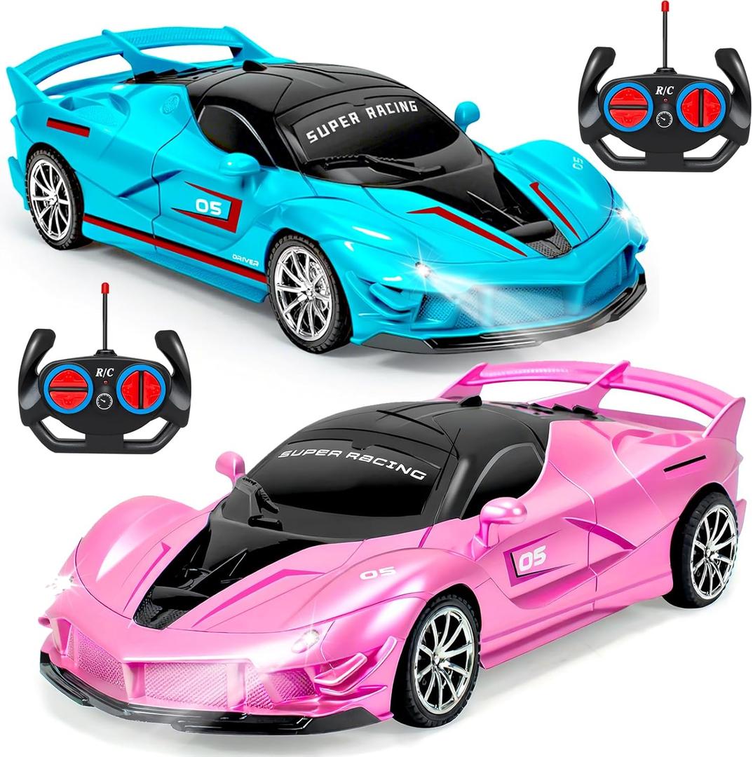 2 Pack Pink Blue Remote Control Car Toys for Kids Boys Girls, Rc Cars Toy Vehicle with Headlight & Controller, Rc Racing Car for Boys Girls Age 3 4 5 6 7 8 Birthday (Blue+Pink)