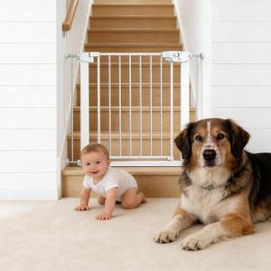 Easy Step Walk-Thru Baby Gate Adjustable Safety Gate for Babies & Pets, Pressure Mount Kit, Includes Wall Cups 29.7-32W x 30.5H, Auto-Close White