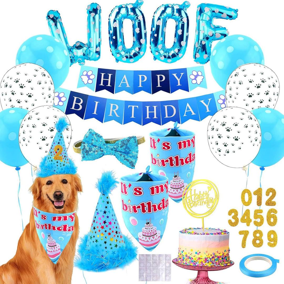 Dog Birthday Party Supplies, Adjustable Dog Bandana Set with Hat, Banner, Balloons and Bow Tie for Party Decorations Festive Accessories Party Photos & Celebrations- Large Medium Small Pet Puppy Dogs (Blue)