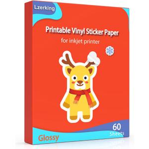 Lzerking Sticker Paper Printable Vinyl for Inkjet Printer, 60 Sheets Glossy Self-Adhesive Waterproof Quick-Drying Tear-Resistant Sticker Printer Paper 8.5x11 Inches