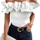 OYOANGLE Women's Ruffle Trim Off Shoulder Short Sleeve Blouse Party Tops Shirt (Medium)