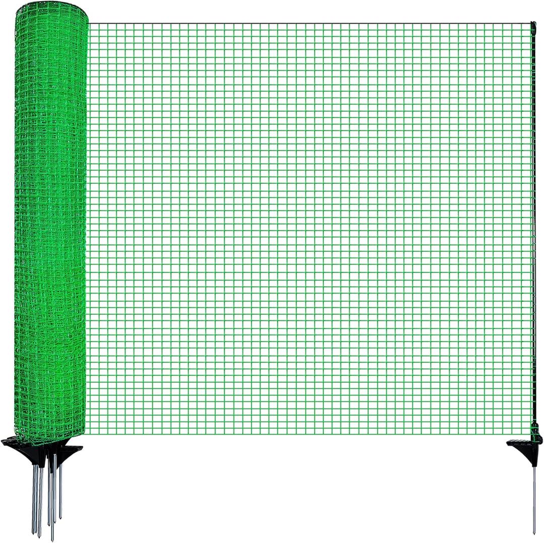 Temporary Fence with Posts,4'x50' Safety Barrier for Dog Snow Plastic Mesh Fencing with Fiberglass Stake Windbreak Rope,Movable Fencing Roll for Garden Backyard Outdoor Animal Protect